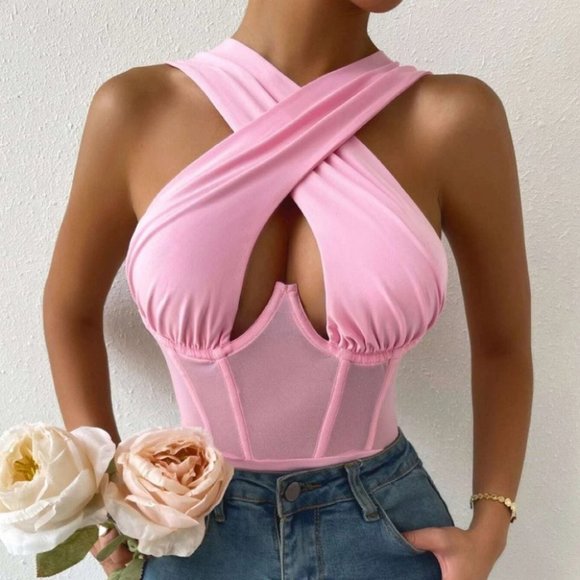 PINK CROSS WRAP MESH CORSET PANEL BODYSUIT CHIC CLASSY TRENDY - Picture 1 of 6